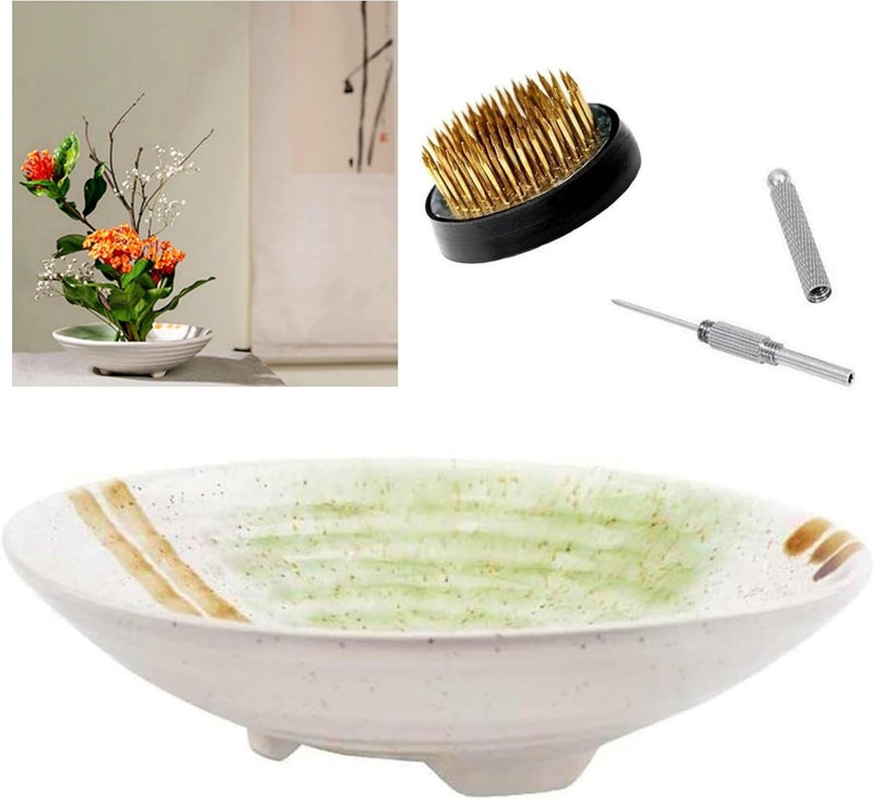 Eggone Japanese Ikebana Vase Kit, Flower Shallow Container Ceramics Ikebana Vase with 1.57inch Flower Frog Floristry Kenzan and Floral Frog Needle Straightening Tool (White and Green Bowl) - Image 1